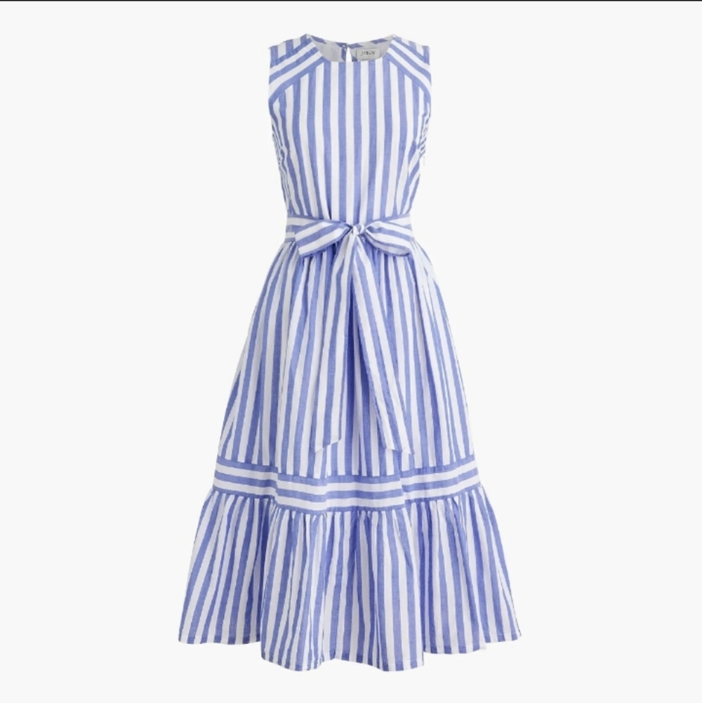 J. Crew Blue and White Striped Midi Dress with Waist Tie